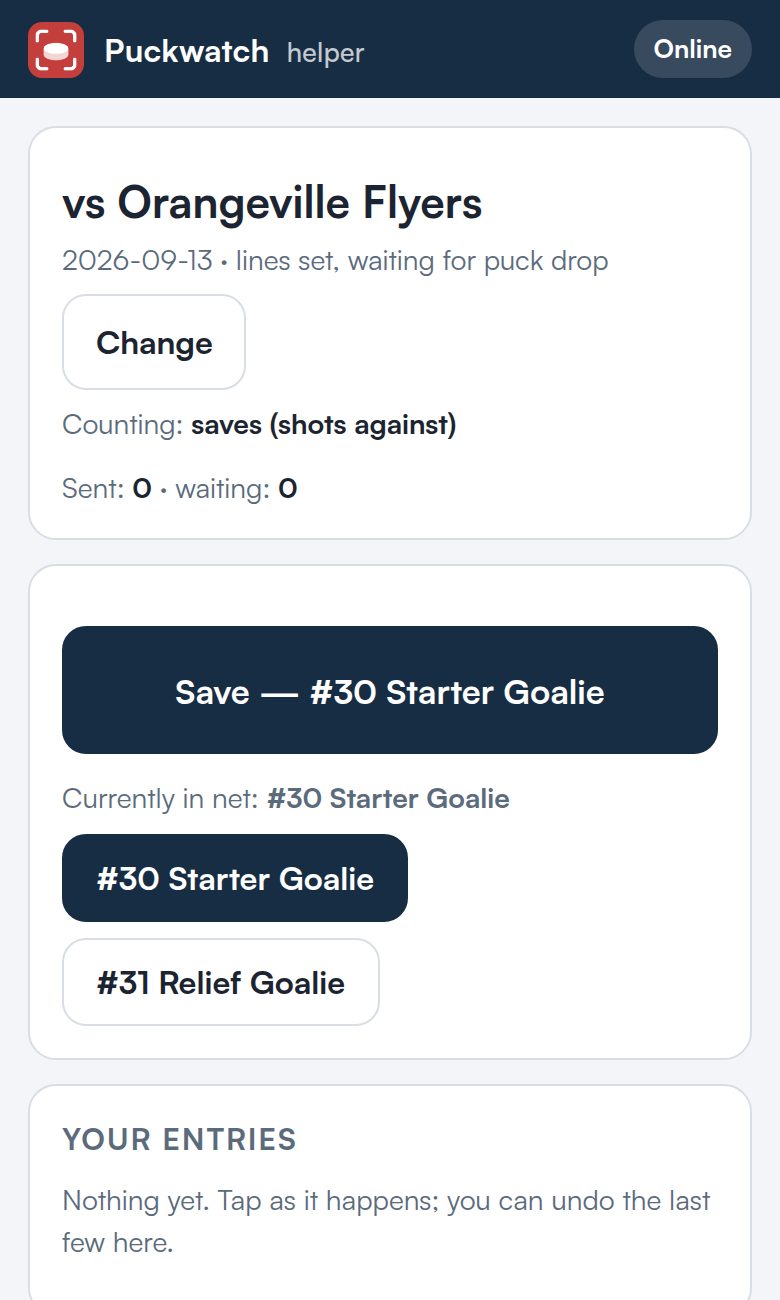 Log stats on a phone: a parent logging saves for the goalie in net, with a large Save button and an entries list