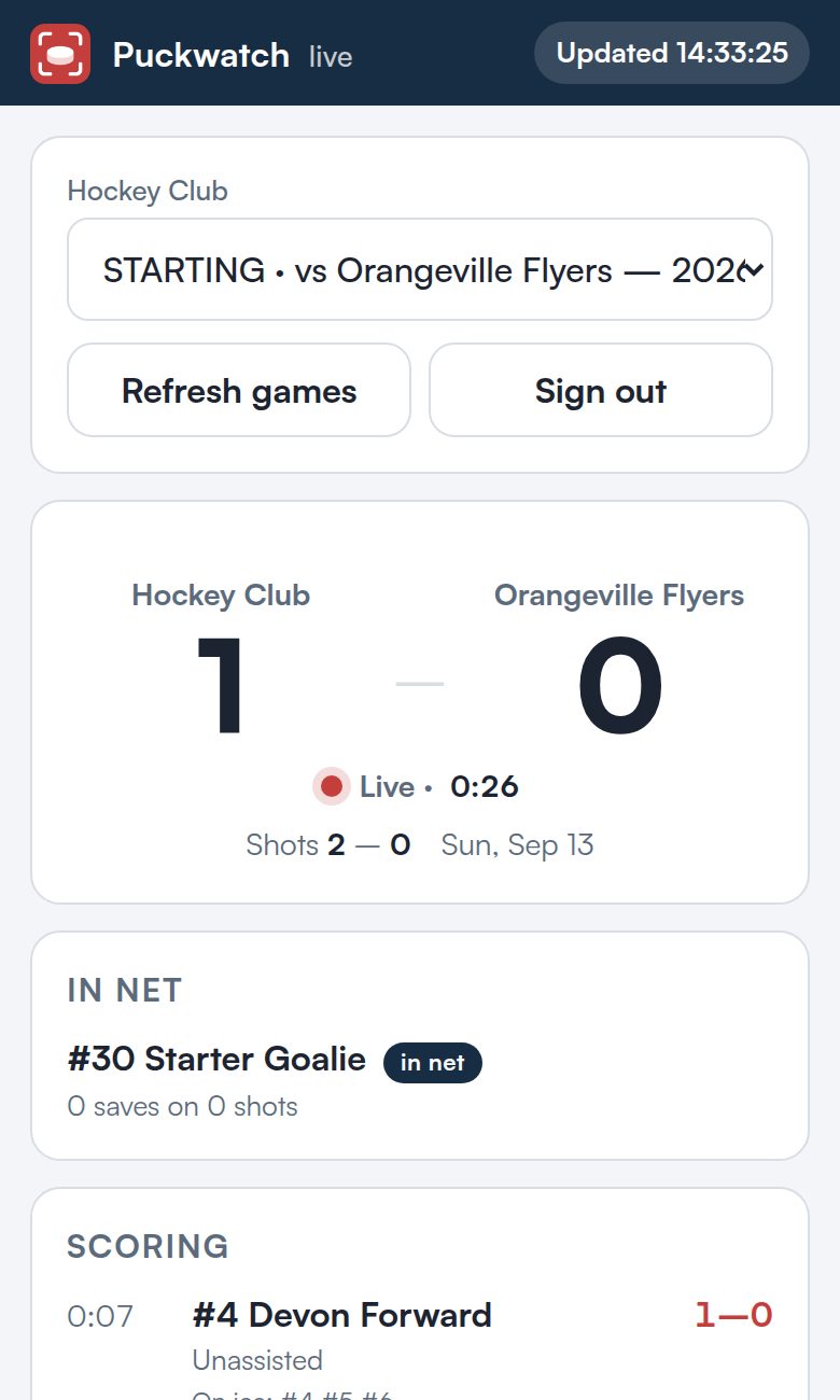 Live on a phone: score, in net, scoring and penalties
